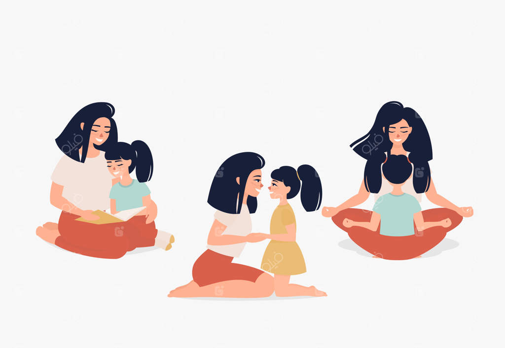 مادر خوشحال با دخترش در حال گفتگو، یوگا تمرین کردن و کتاب خواندن