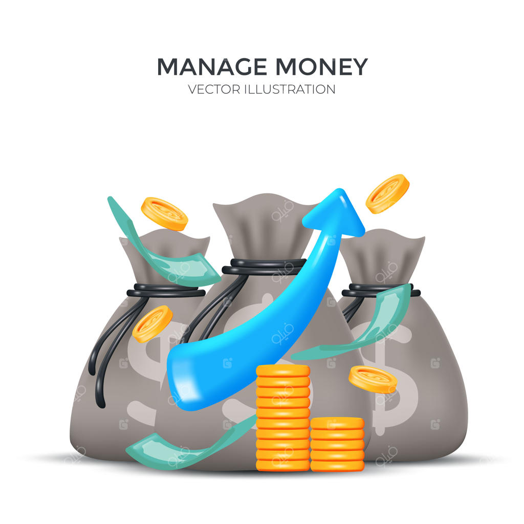 تصویر سه‌بعدی از پشته‌ سکه و کیسه پول با فلش سبز - مفهوم رشد سرمایه‌گذاری و افزایش درآمد