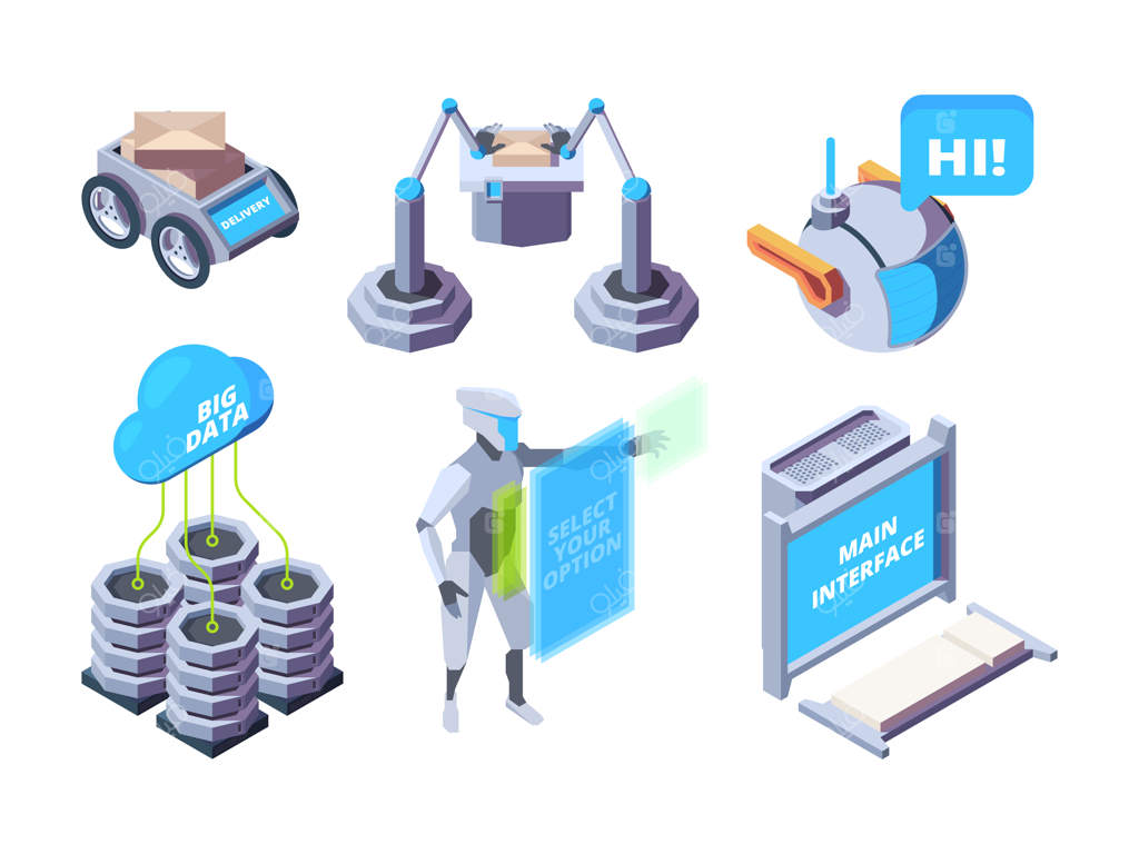 صنعت هوشمند: فرآیندهای رباتیک در تولید ماشین‌آلات خودروسازی. مجموعه ایزومتریک کارخانه: تجهیزات تولید مدرن و صنعتی