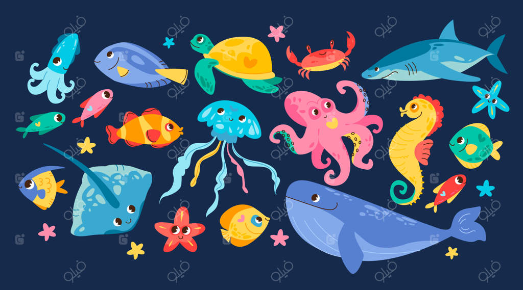 دنیای زیر آب: حیوانات بامزه دریایی و ماهی‌ها - شخصیت‌های کارتونی با چهره‌های خندان