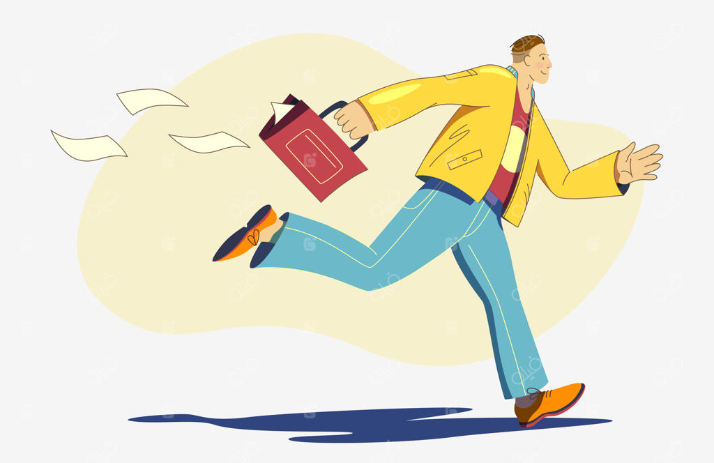 تاجر با کیف دستی در حال دویدن سریع.