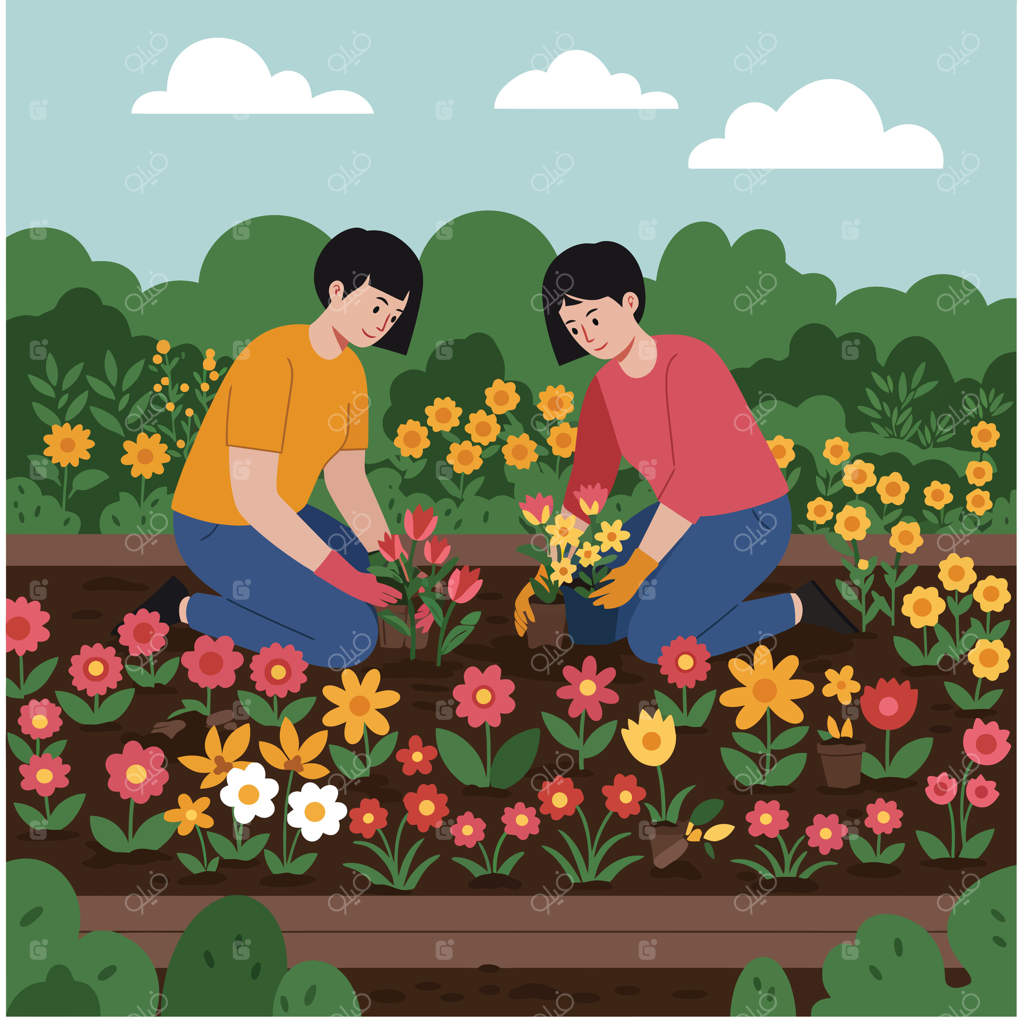 دو زن در حال کاشتن گل در باغچه‌ای رنگارنگ با بوته‌های سبز و آسمان آبی - تصویر سازی