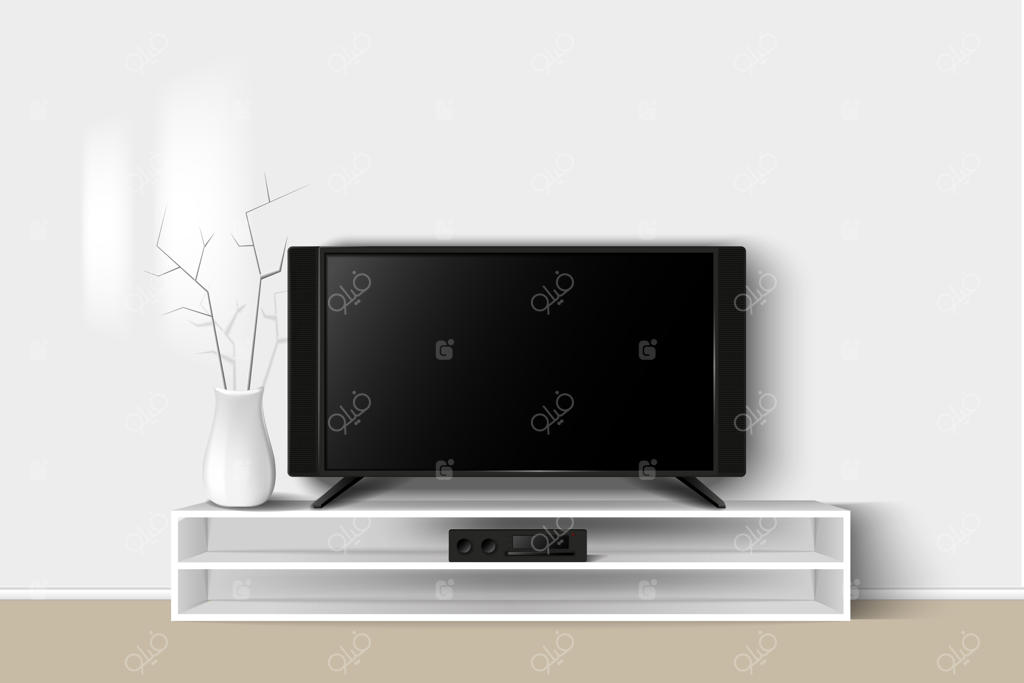 تصویر سه‌بعدی از تلویزیون LED روی میز چوبی. طراحی داخلی مدرن اتاق نشیمن.