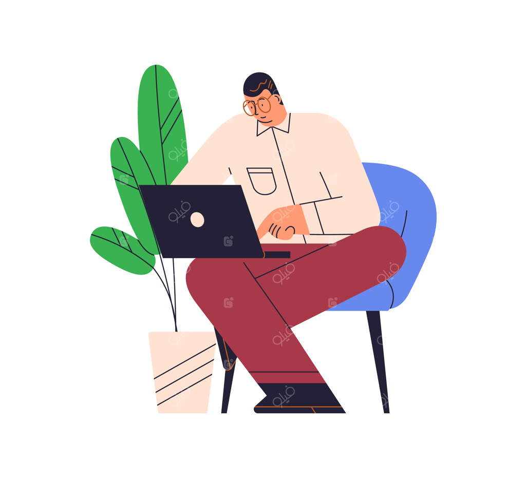 کار با لپ‌تاپ از طریق اینترنت: فریلنسری آنلاین در حال تایپ کردن - تصویرسازی ساده و رنگی روی زمینه سفید.