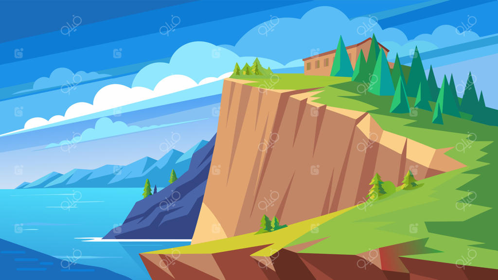 تصویر رنگارنگی از کوه با درختان