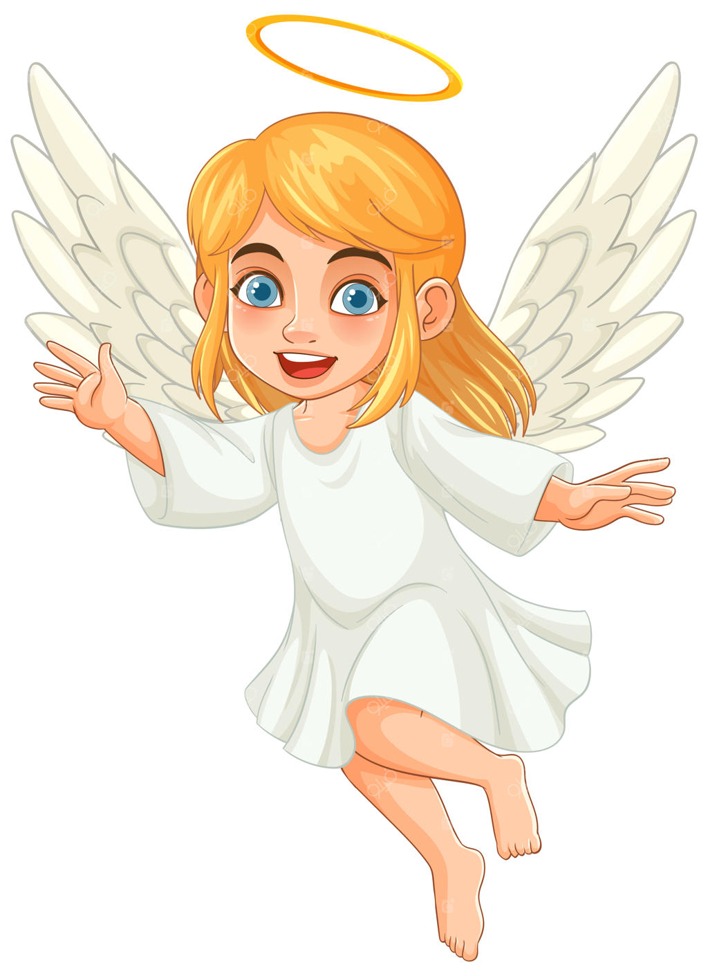 فرشته کارتونی شاد با موهای طلایی و هاله نور