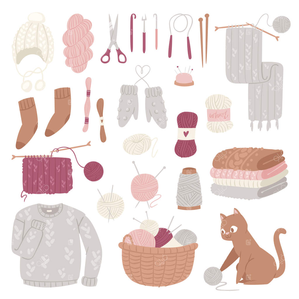 مجموعه‌ای از تصویر لوگو: میل بافتنی، کاموای پشمی، لباس بافتنی یا ژاکت پشمی دستبافت و بچه‌گربه با توپ کاموا - طراحی جدا شده بر روی زمینه سفید