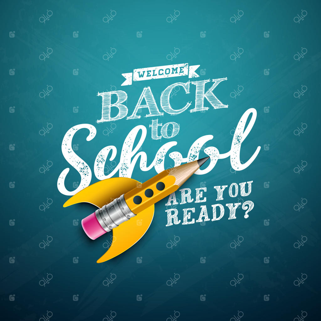 بازگشت به مدرسه با طراحی موشک پرنده و مداد با تایپوگرافی روی تخته سیاه. تصویرسازی آموزشی برای کارت تبریک، بنر، بروشور و دعوتنامه