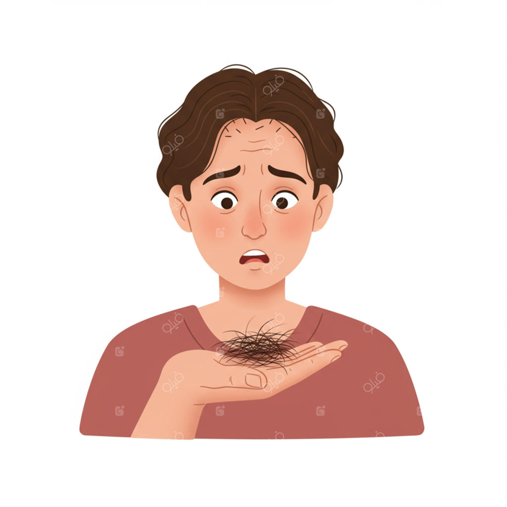 فرد نگران از ریزش مو که موهای ریخته‌شده را در دست دارد