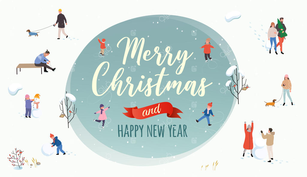 تفریحات زمستانی در فضای باز: پارک‌های زمستانی با مردم فعال در حال اسکیت روی یخ، برف‌بازی و ساختن آدم برفی.