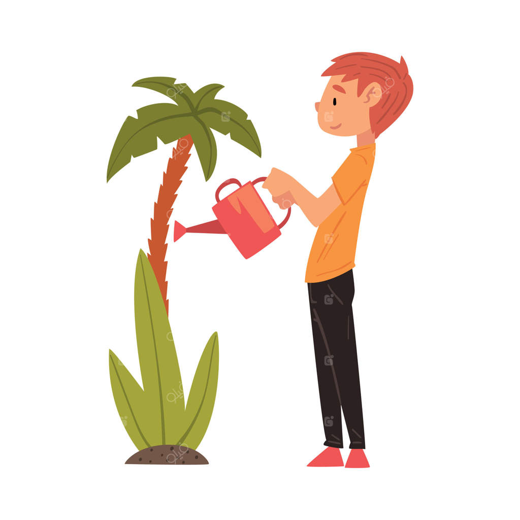 پسر بامزه با آبپاش در حال آبیاری نخل در باغ - تصویرسازی