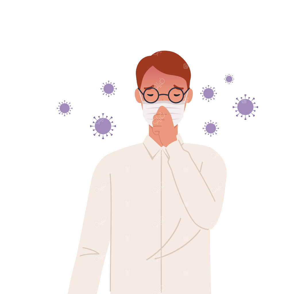 ویروس‌ها در هوا پخش می‌شوند: مردی با ماسک و سرفه کردن. تصویرسازی به سبک ساده.