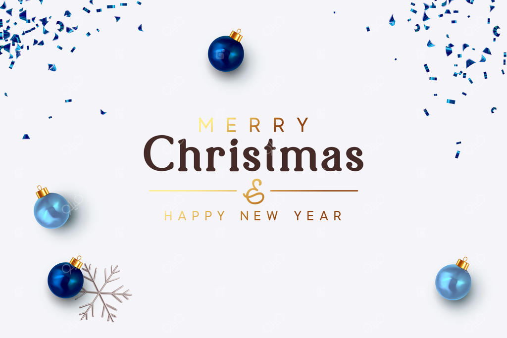 پس‌زمینه ساده برای تعطیلات کریسمس: طراحی جشن با توپ‌های آبی و دانه‌های برف نقره‌ای سه‌بعدی. پوستر، بنر و کارت تبریک کریسمس. تصویرسازی وکتور