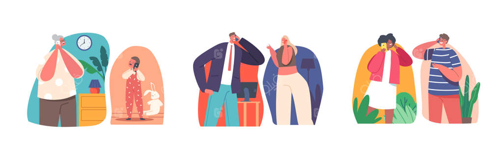 گفتگو با موبایل: مادربزرگ و نوه‌کوچیک، زوج بالغ و نوجوان‌ها