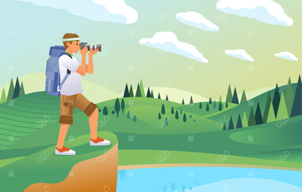 عکاس جوان در حال گرفتن عکس از منظره زیبا شامل تپه، دریاچه و دشت سبز