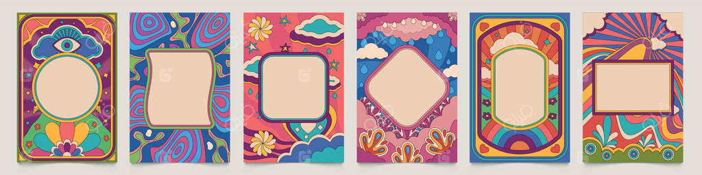 قاب‌های رترو سایکدلیک: طراحی بروشور انتزاعی رنگارنگ با اشکال مایع و جایگاه متن، پس‌زمینه و کاور. مجموعه وکتور