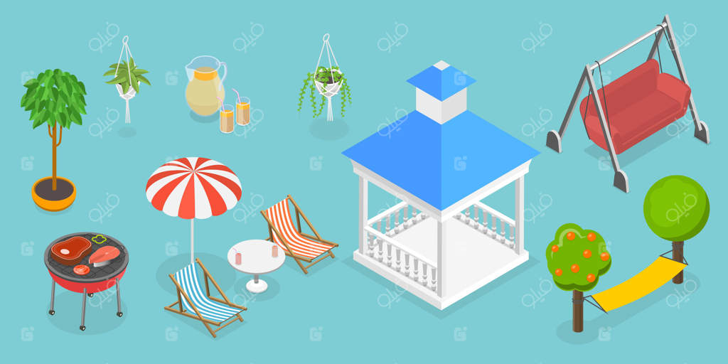 مجموعه سه‌بعدی ایزومتریک از مبلمان باغ و عناصر حیاط خلوت