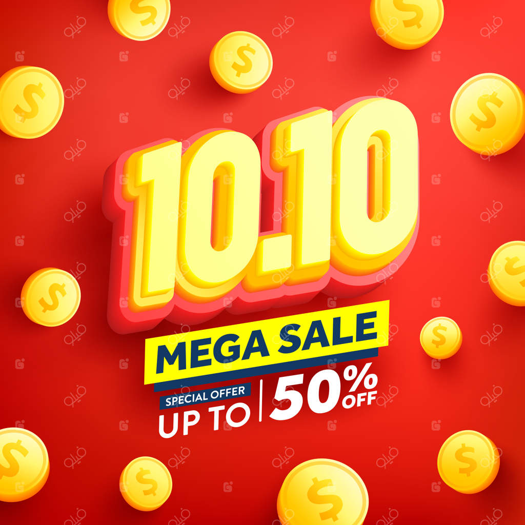 پوستر یا بنر روز خرید ۱۰۱۰ با سکه‌های طلایی روی زمینه قرمز