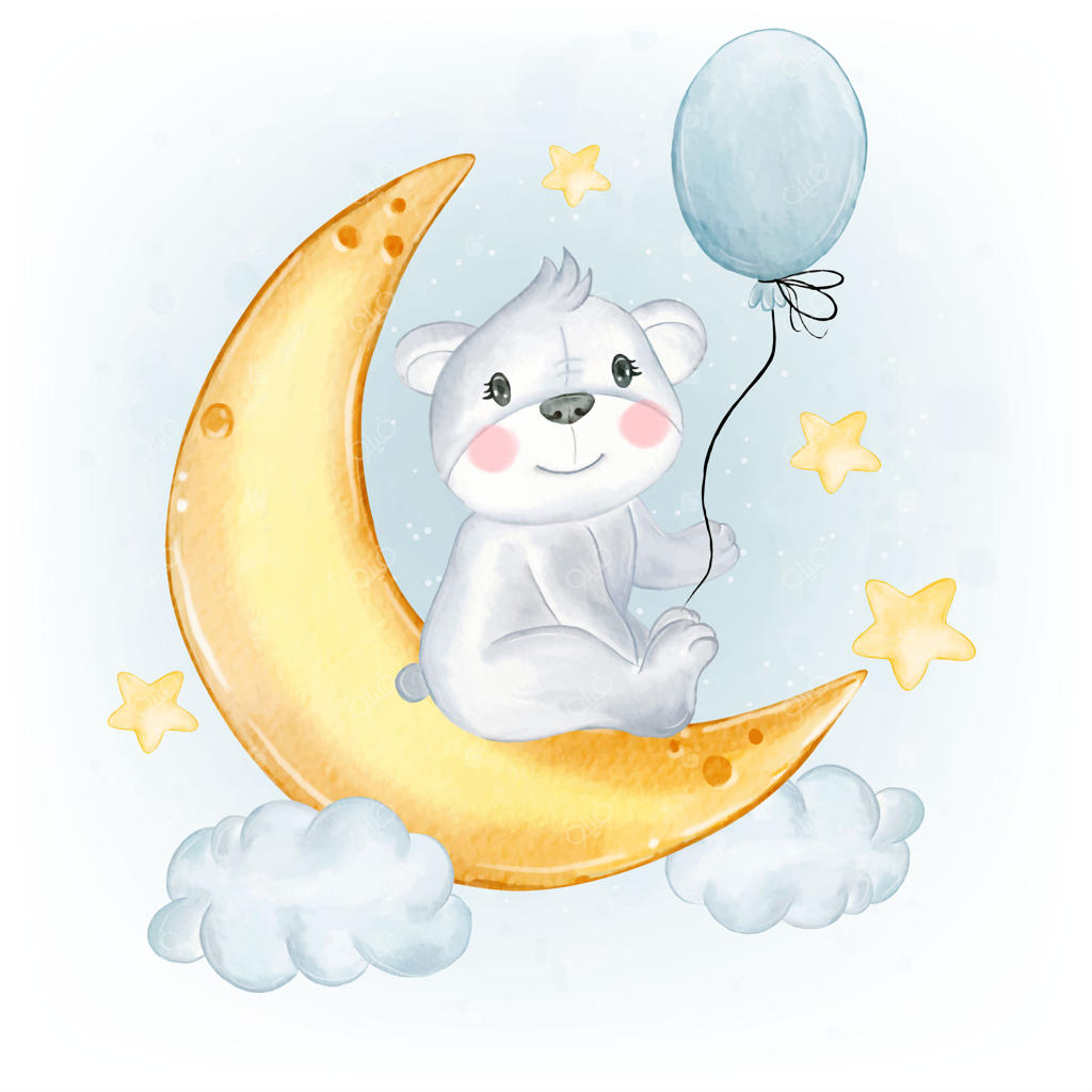تصویر آبرنگی از بچه خرس قطبی با بادکنک بر فراز ماه