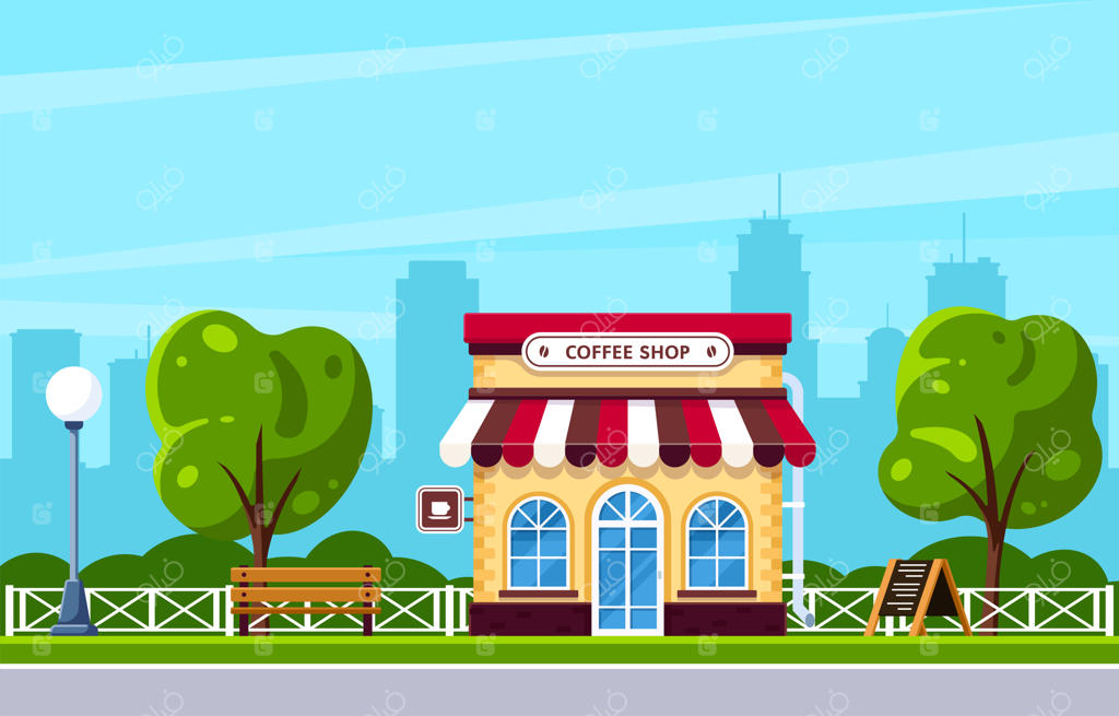 طراحی ساختمان کافی شاپ: کافه خیابانی در شهر. سیلوئت شهر بزرگ در پس‌زمینه. تصویرسازی به سبک تخت.