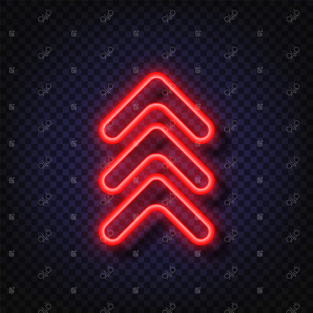 نشان نئون «بالا بکشید». فلش درخشان نئون. علامت روشن نئون واقعی. دکمه‌ای برای شبکه‌های اجتماعی.