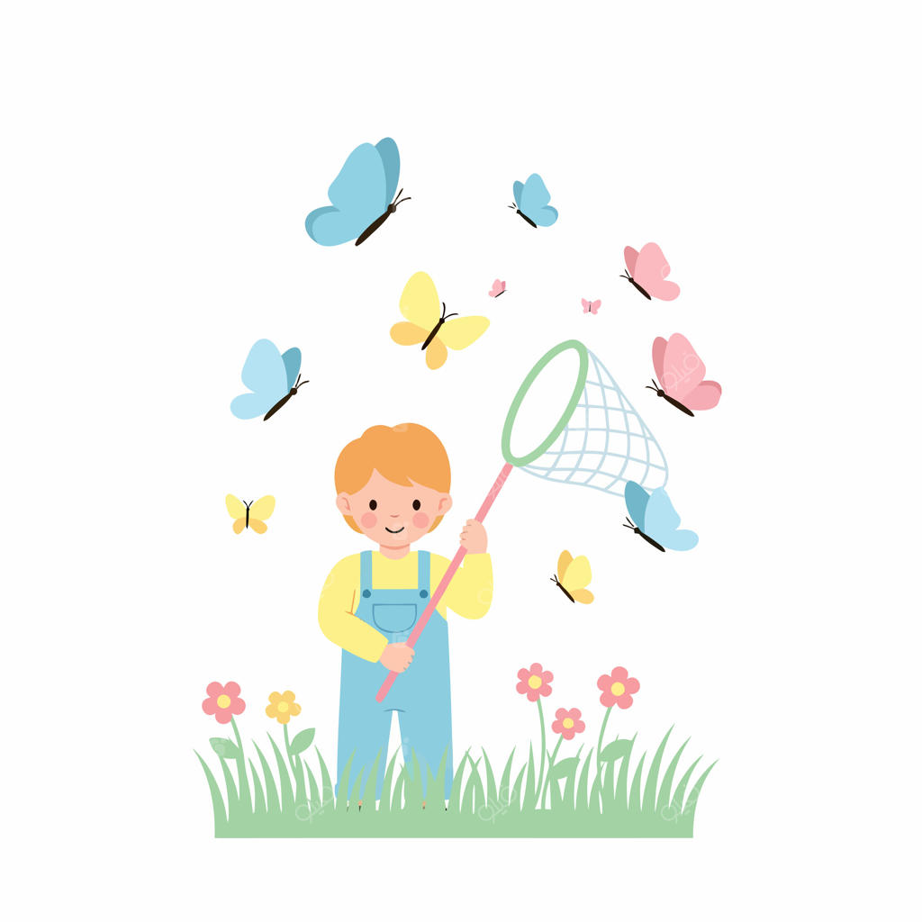 پسرک شاد کارتونی با تور در حال شکار پروانه‌های رنگارنگ در چمنزار تابستانی با گل‌ها.
