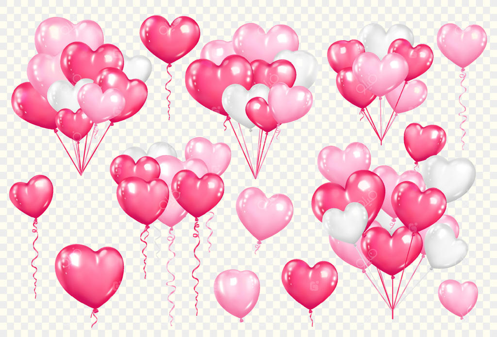 دسته‌ای از بادکنک‌های قلبی شکل صورتی و سفید برای طراحی عشق، تولد و مهمانی. جشن تعطیلات. مجموعه تزئینات روز ولنتاین. تصویر جدا شده.