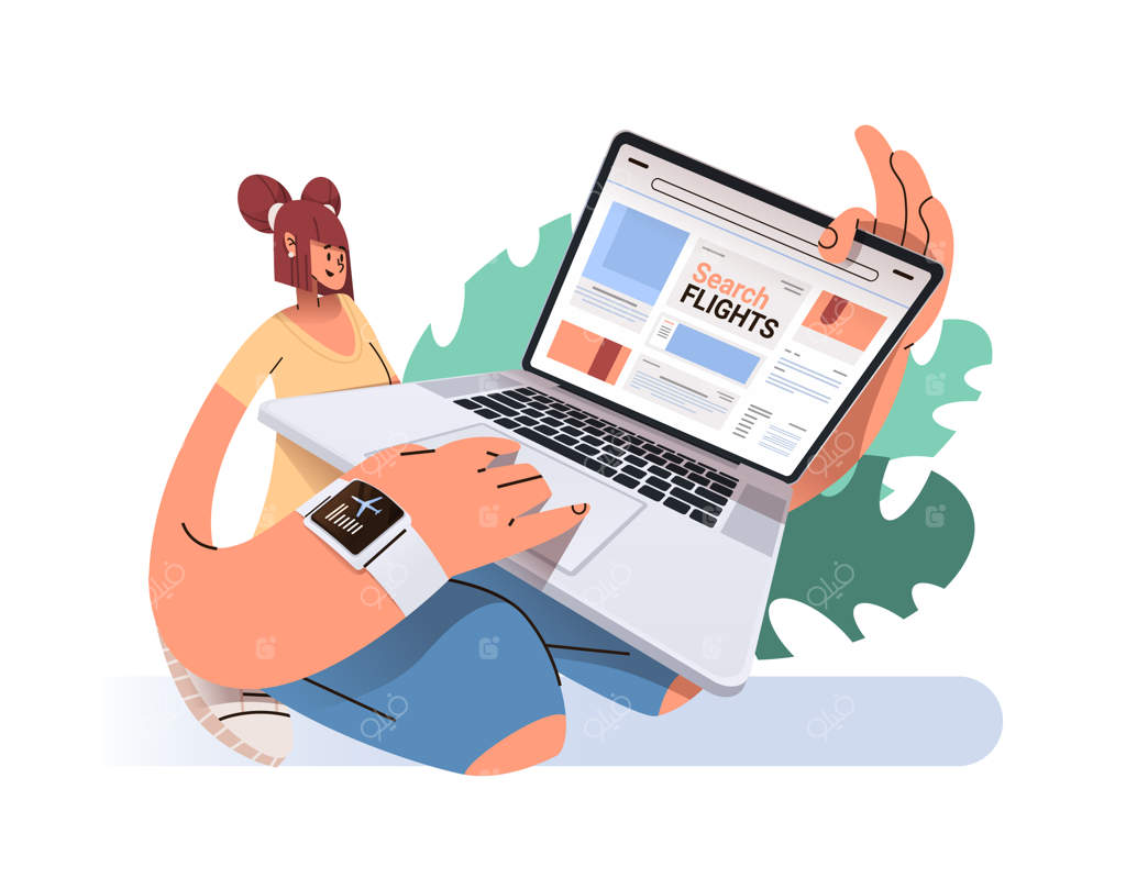 زن در جستجوی بلیط سفر با استفاده از اپلیکیشن پرواز روی صفحه لپ‌تاپ - دختری مسافر در حال رزرو آنلاین بلیط برای سفر