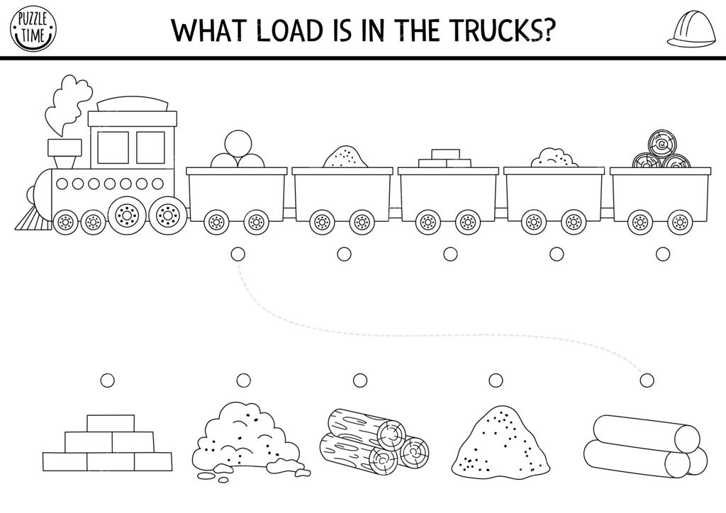پازل تطبیق کارگاه ساختمانی با قطار و مصالح ساختمانی در واگن‌ها. بازی و برگه رنگ‌آمیزی چاپی با خدمات تعمیر، آجرها، شن، چوب و لوله‌ها.