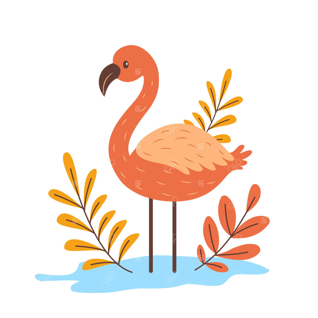 پرنده فلامینگو بامزه در باغ در میان برگ‌ها و گیاهان