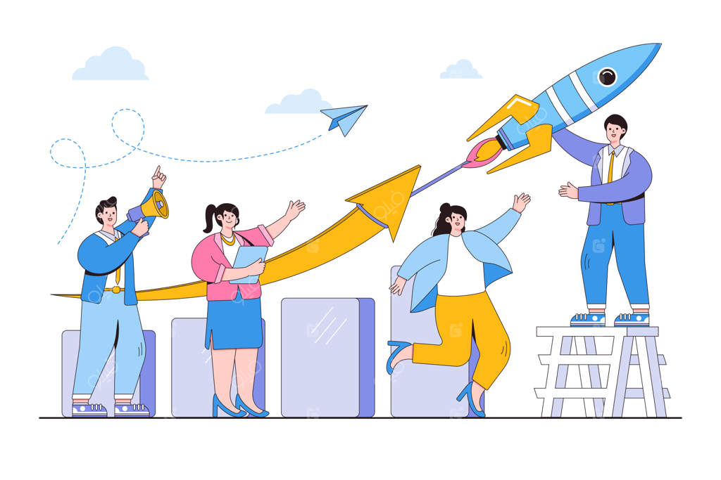 استراتژی رشد شرکت: همکاری و تیم‌سازی برای افزایش درآمد و برنامه بهبود جهت موفقیت کسب‌وکارها - تیم تجاری با کمک یک موشک بزرگ، نمودار رشد را ارتقا می‌دهند