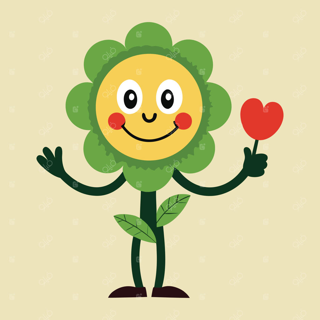 گل کارتونی با دست و پا که قلبی در دست دارد