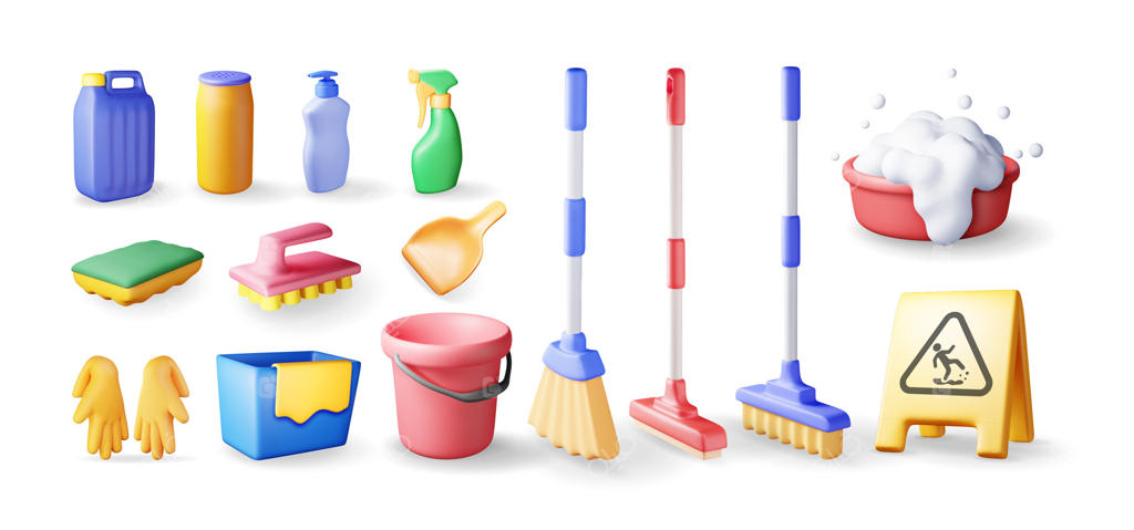 مجموعه سه‌بعدی ابزار و لوازم نظافت منزل؛ رندر وسایل شستشو و ظرفشویی شامل بطری شوینده، اسفنج، دستکش، سطل، تی، جارو و خاک‌انداز