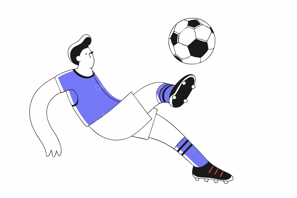 تصویرسازی فوتبالیست جوان در حال شوت کردن توپ در پس‌زمینه سفید