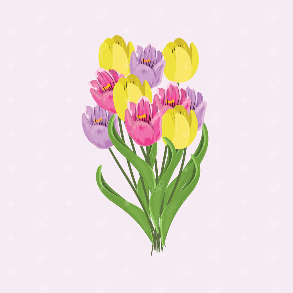 تصویر دسته‌گل لاله‌های رنگارنگ، مناسب برای طراحی‌های مرتبط با گل‌فروشی و باغداری