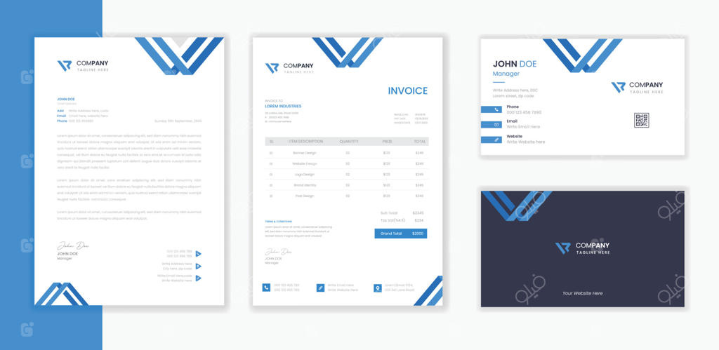 طراحی مدرن و حرفه‌ای ست اداری: قالب‌های سربرگ، کارت ویزیت و فاکتور به صورت وکتور