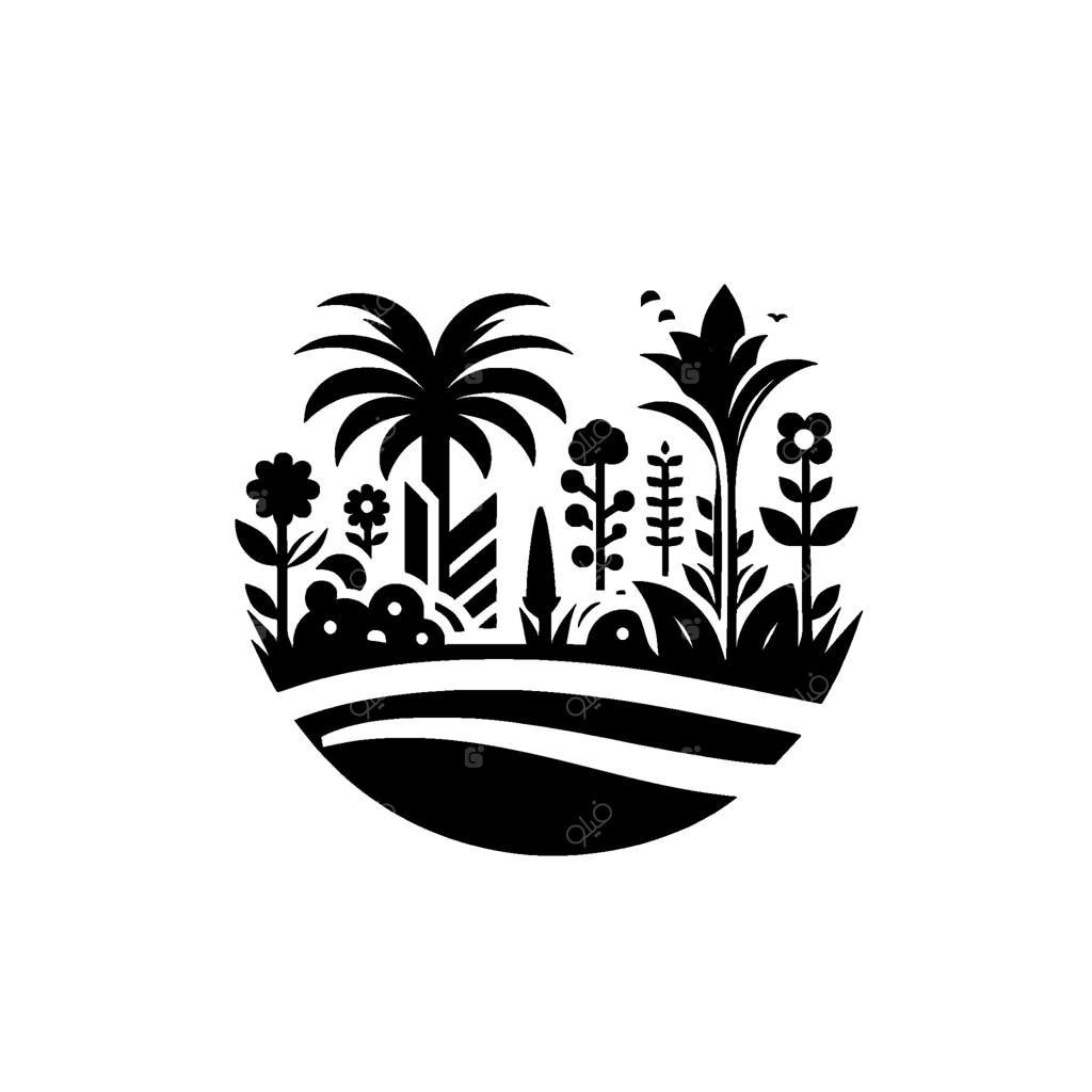 باغ گل‌های سیاه و سفید سبک‌پردازی شده، با درختان نخل، گل‌ها و شاخ‌وبرگ، درون یک حاشیه دایره‌ای بر روی زمینه‌ای سفید.