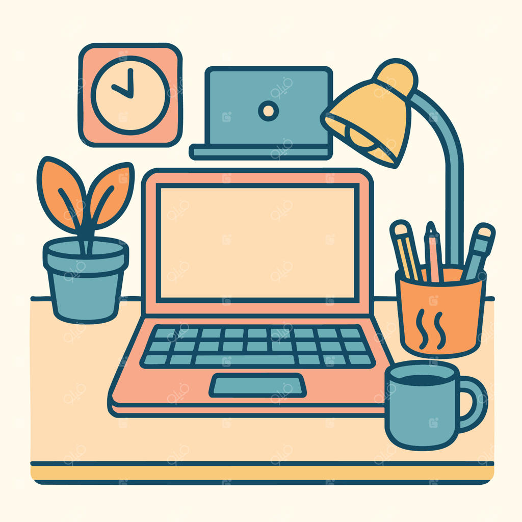 فضای کار راحت با لپ‌تاپ، ساعت، چراغ، گیاه و فنجان قهوه، ایده‌آل برای بهره‌وری