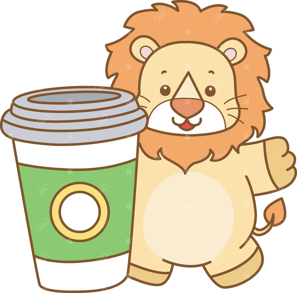 شیر بچه یک فنجان قهوه می‌آورد. آیکون بامزه شیر. سری طرح‌های خنده‌دار شیر بچه حیوانات. زندگی شیر پشمالو.