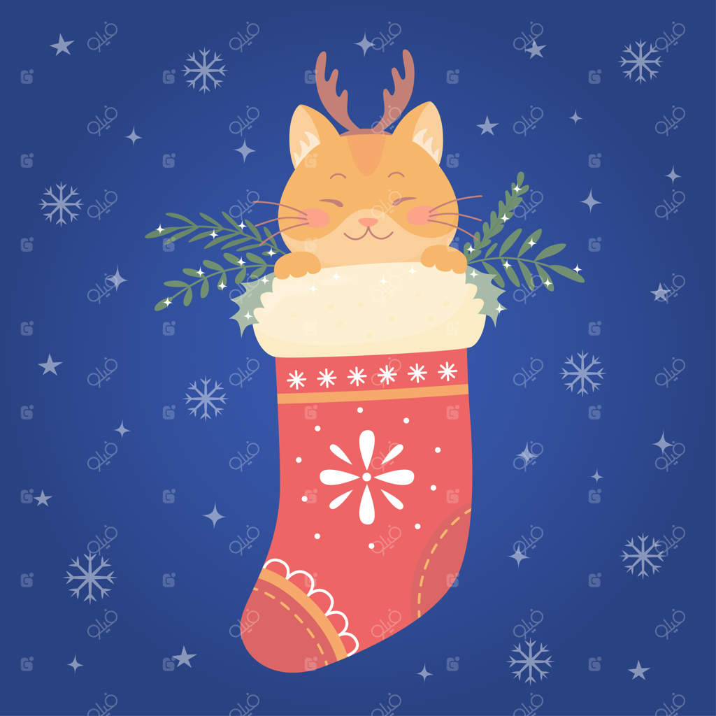 کارت تبریک کریسمس و سال نو با گربه بامزه در جوراب کریسمس و شاخه‌های کاج