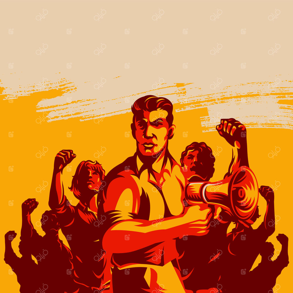 مردی در برابر جمعیتی با بلندگو در دست