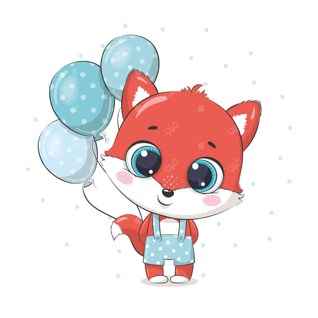 تصویر بچه روباه با بادکنک‌ها برای کارت تبریک، دعوت‌نامه مهمانی، چاپ تیشرت‌های کودکانه.