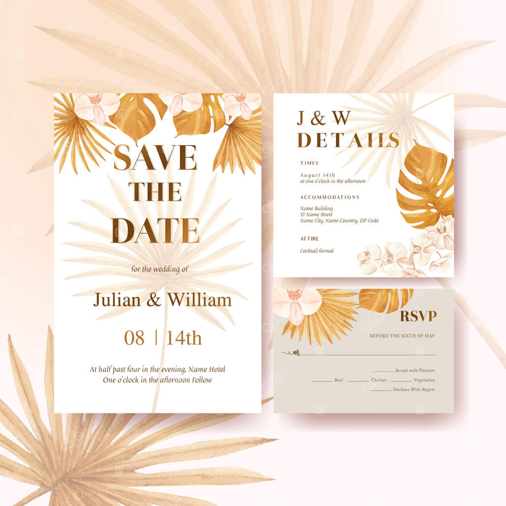 کارت عروسی با طراحی گل‌های پامپاس و آبرنگی