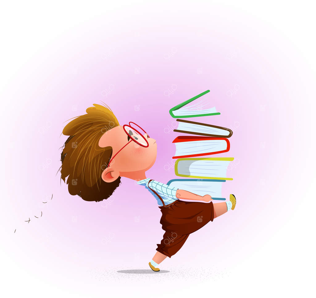 پسربچه کارتونی با یک دسته کتاب در دست