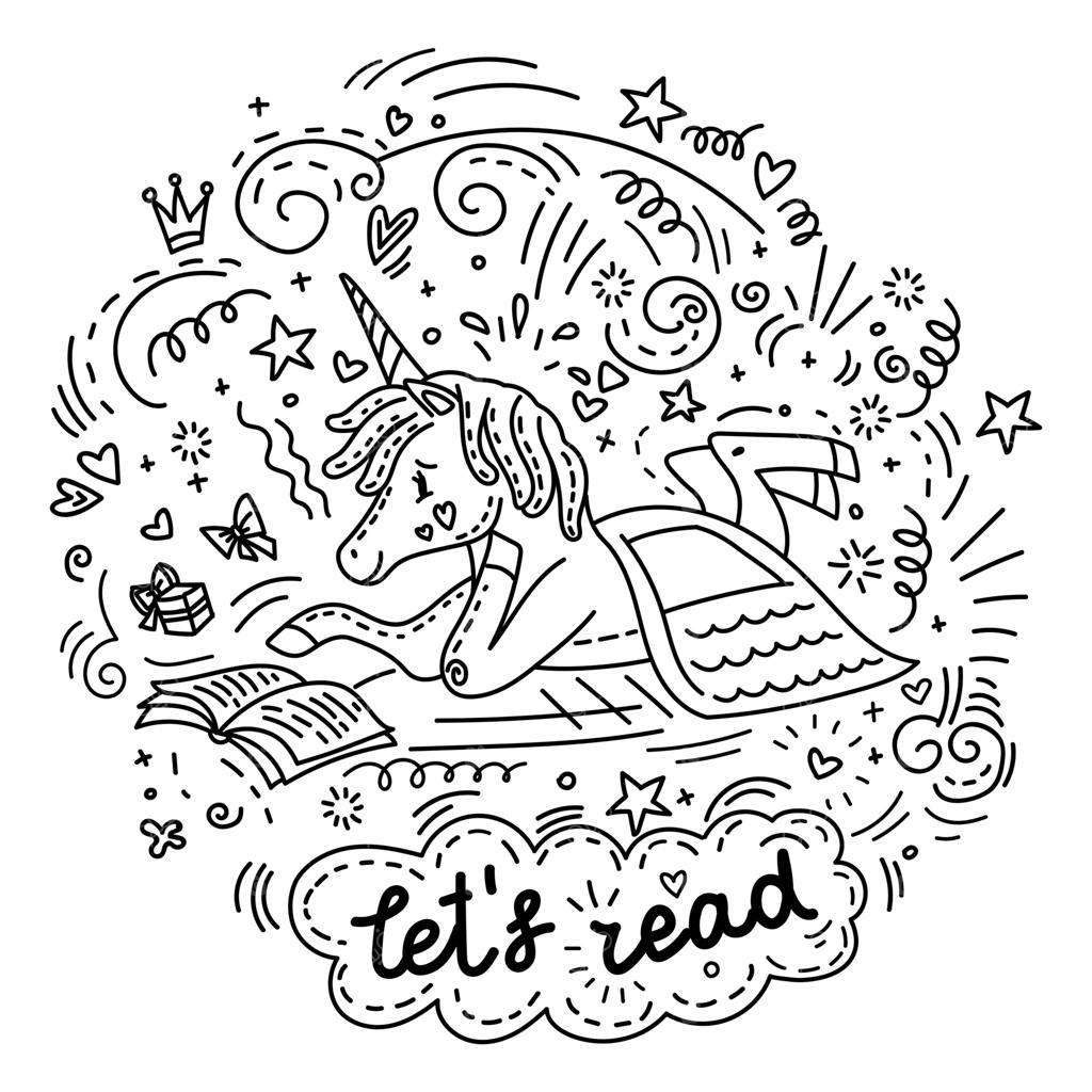 تصویر نقاشی تک‌شاخ بامزه در حال خواندن کتاب