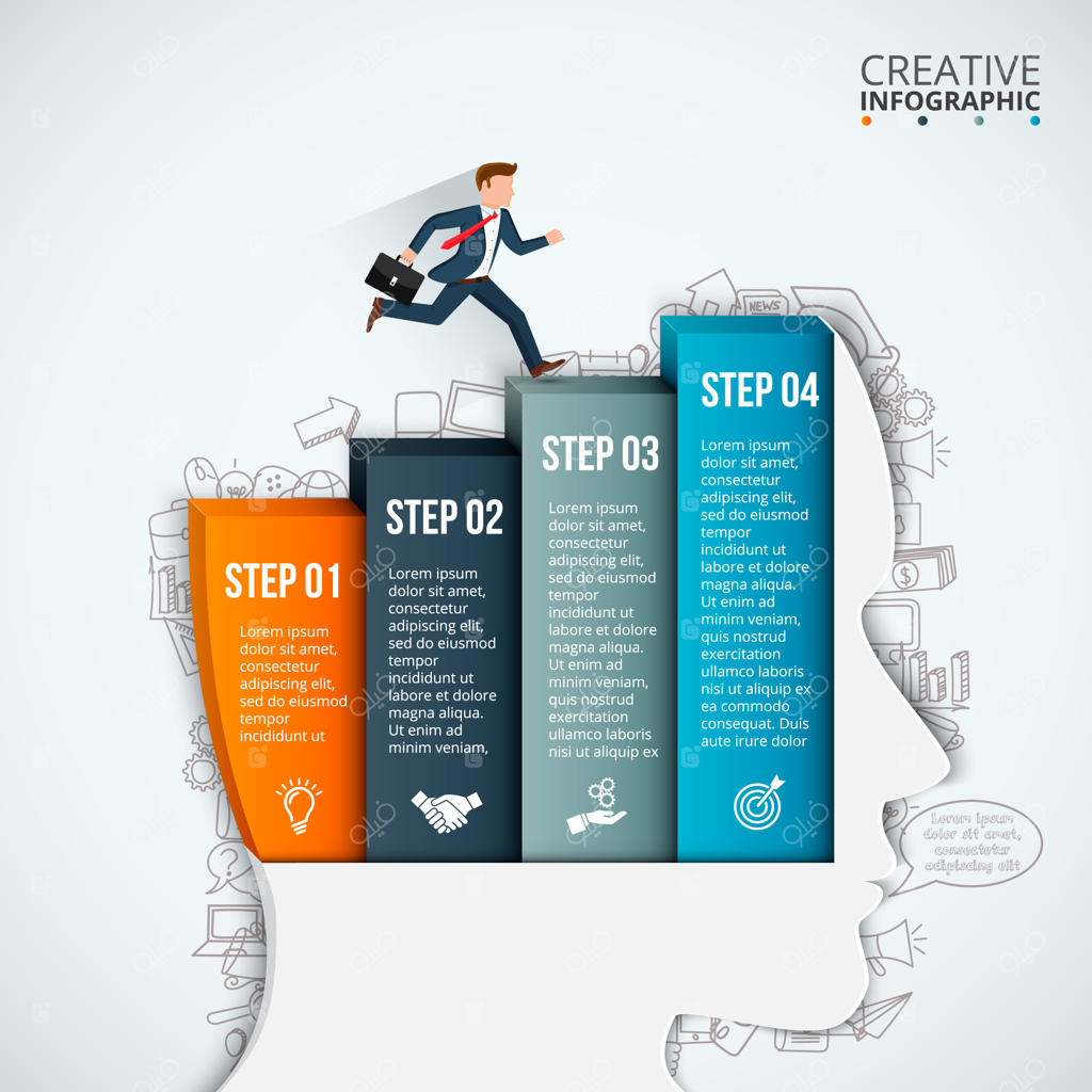 پترن اینفوگرافیک با ۴ گزینه برای اندیشه‌ها در ذهن یک تاجر