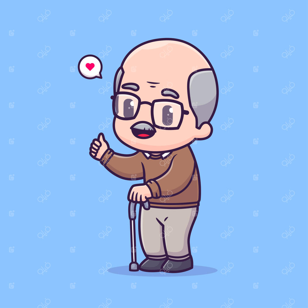 آیکون وکتور کارتونی پدربزرگ بامزه در حال قدم زدن با عصا، طراحی تخت و ایزوله