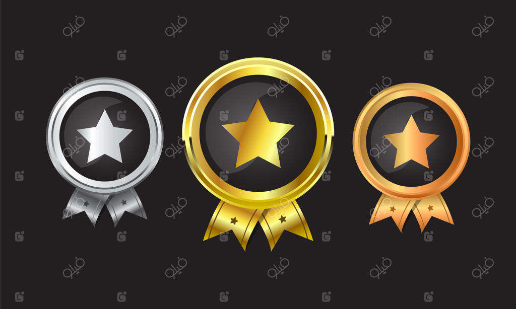 مجموعه مدال‌های قهرمانی: مدال‌های طلا، نقره و برنز با روبان‌ها