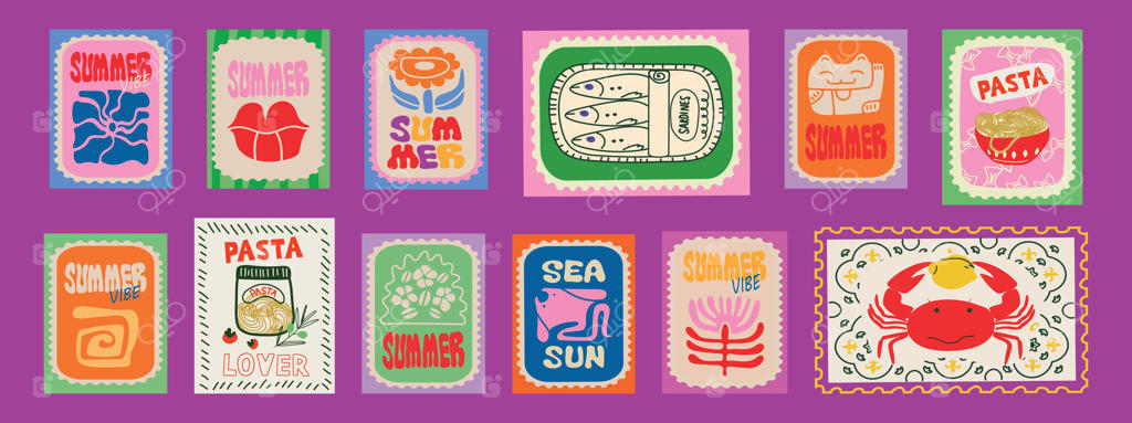 تمبرهای مد روز ایتالیایی با طرح مدیترانه‌ای: تصویرسازی ساحل، لیمو، خورشید، گل‌ها، امواج، پاستا، ماهی ساردین کنسروی، خرچنگ، ماهی و دریا برای آیکون و برچسب‌ها.