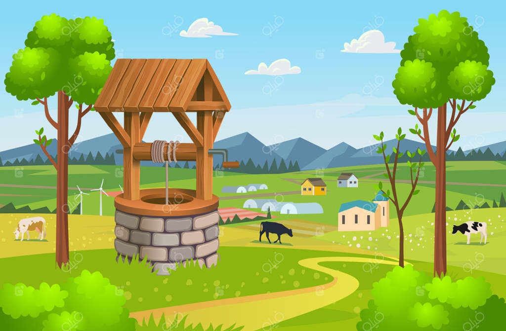 چاه سنگی قدیمی با سقف چوبی در روستایی قدیمی پس‌زمینه روستا همراه با مزارع گلخانه‌ها